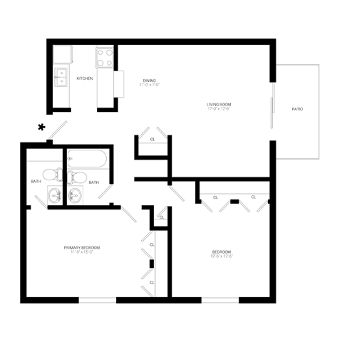 Floor plan for 2 beds, 1.5 baths, 924 sqft
